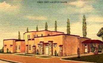 A painting of a church with a few trees in front of it