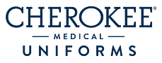 The logo for cherokee medical uniforms is blue and white.