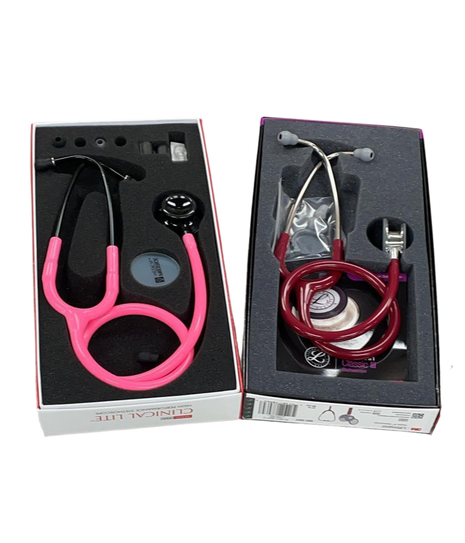 A pink and a red stethoscope in a box
