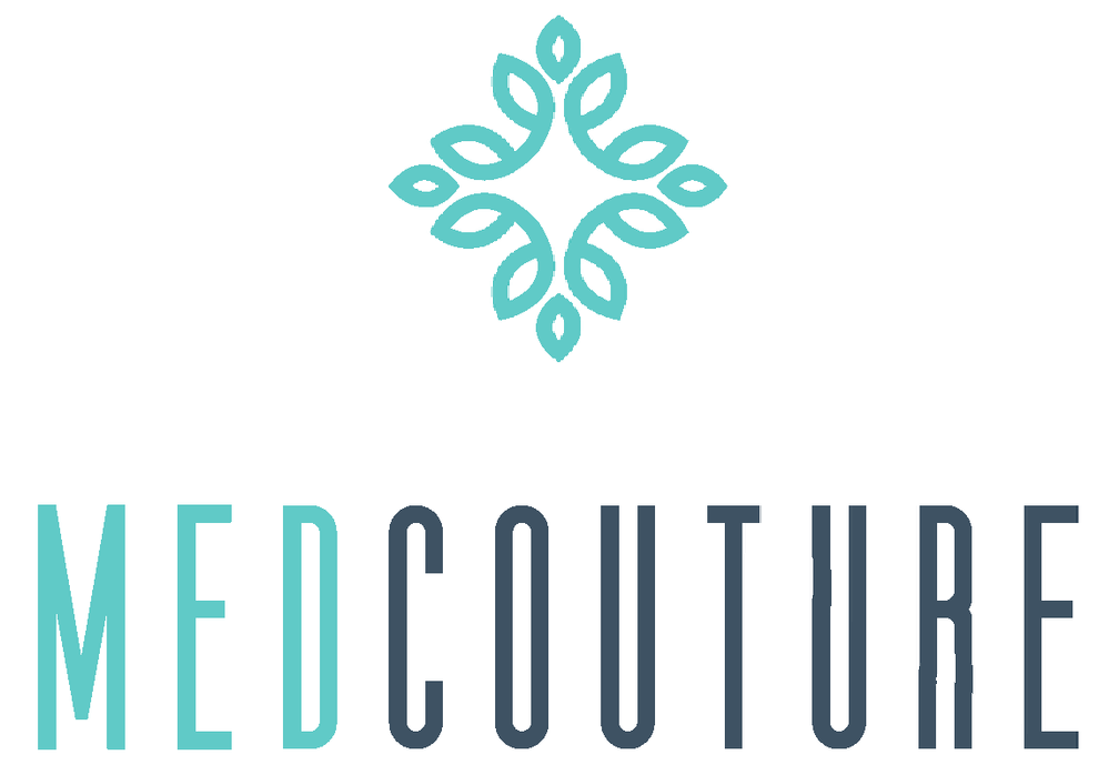 The logo for medcouture is a blue and black logo with a leafy design.