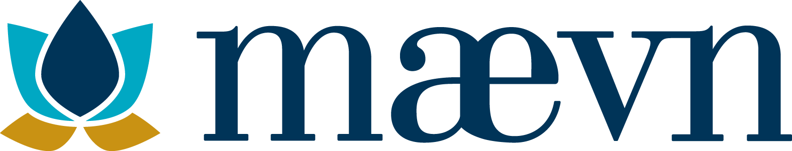 A logo for a company called maevn with a drop of water and a flower.