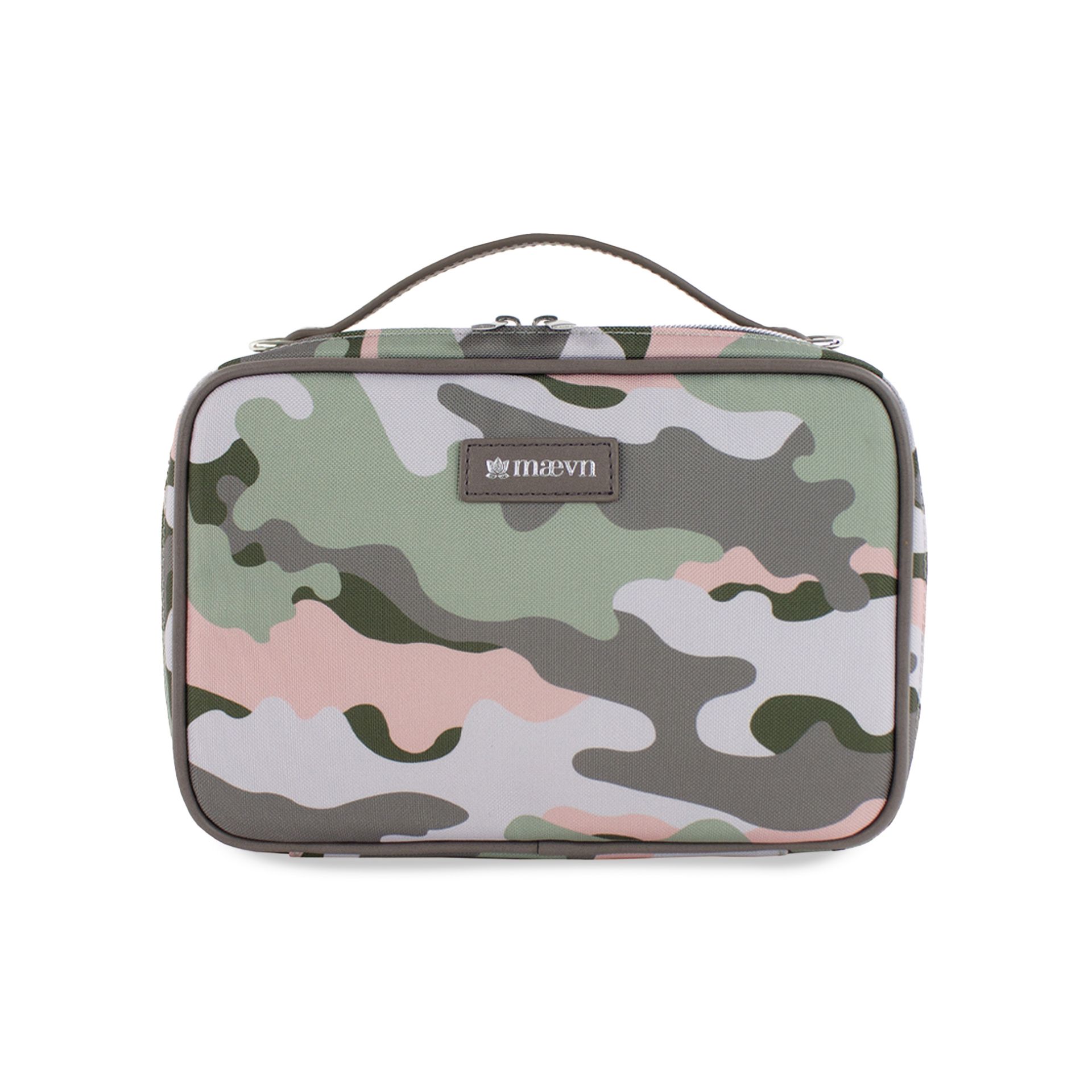 A small bag with a green & pink camouflage pattern on it