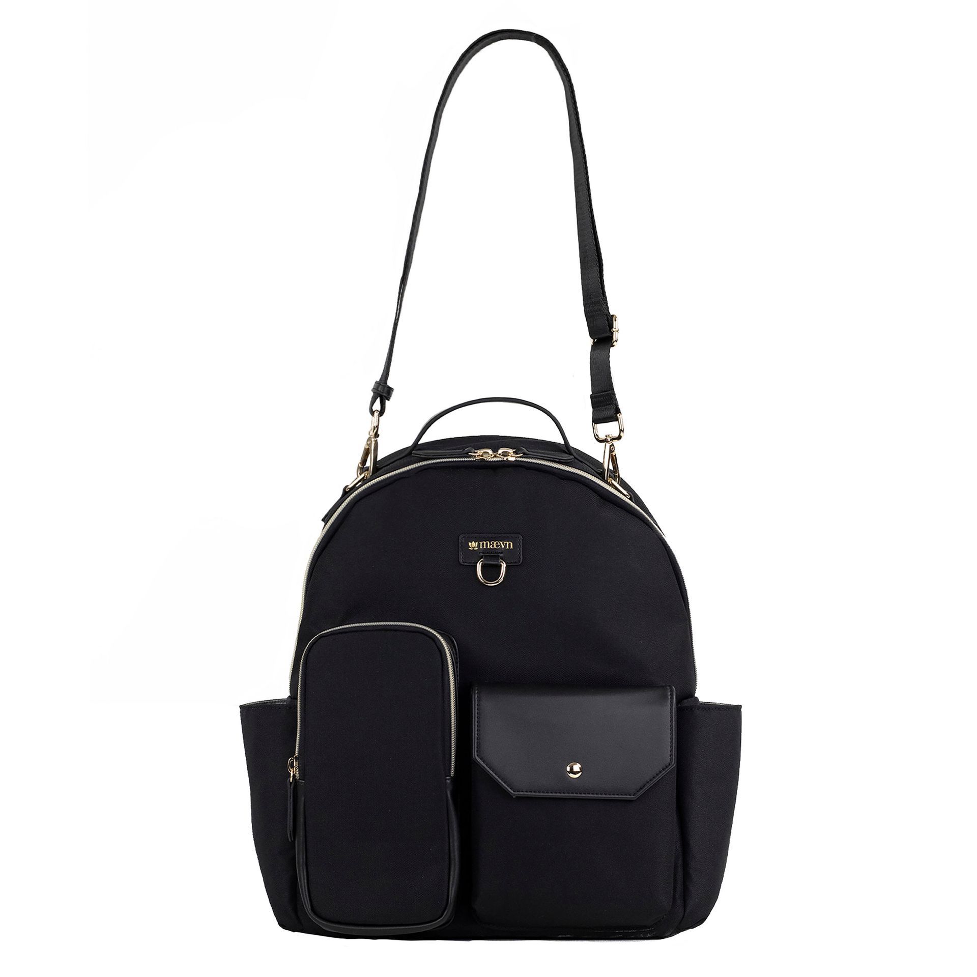 A black backpack with gold metal accents