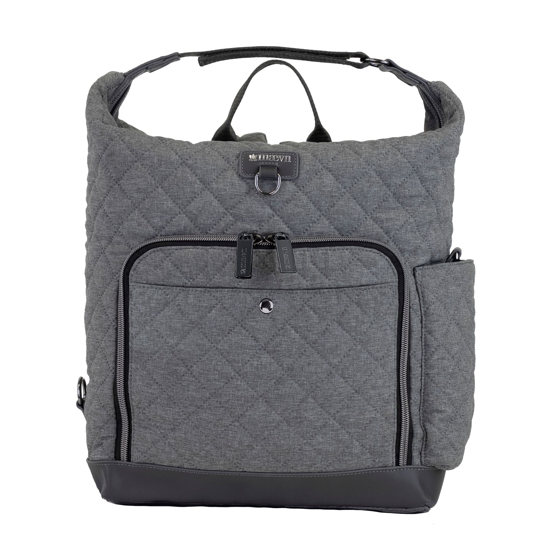 A grey quilted backpack with a black strap