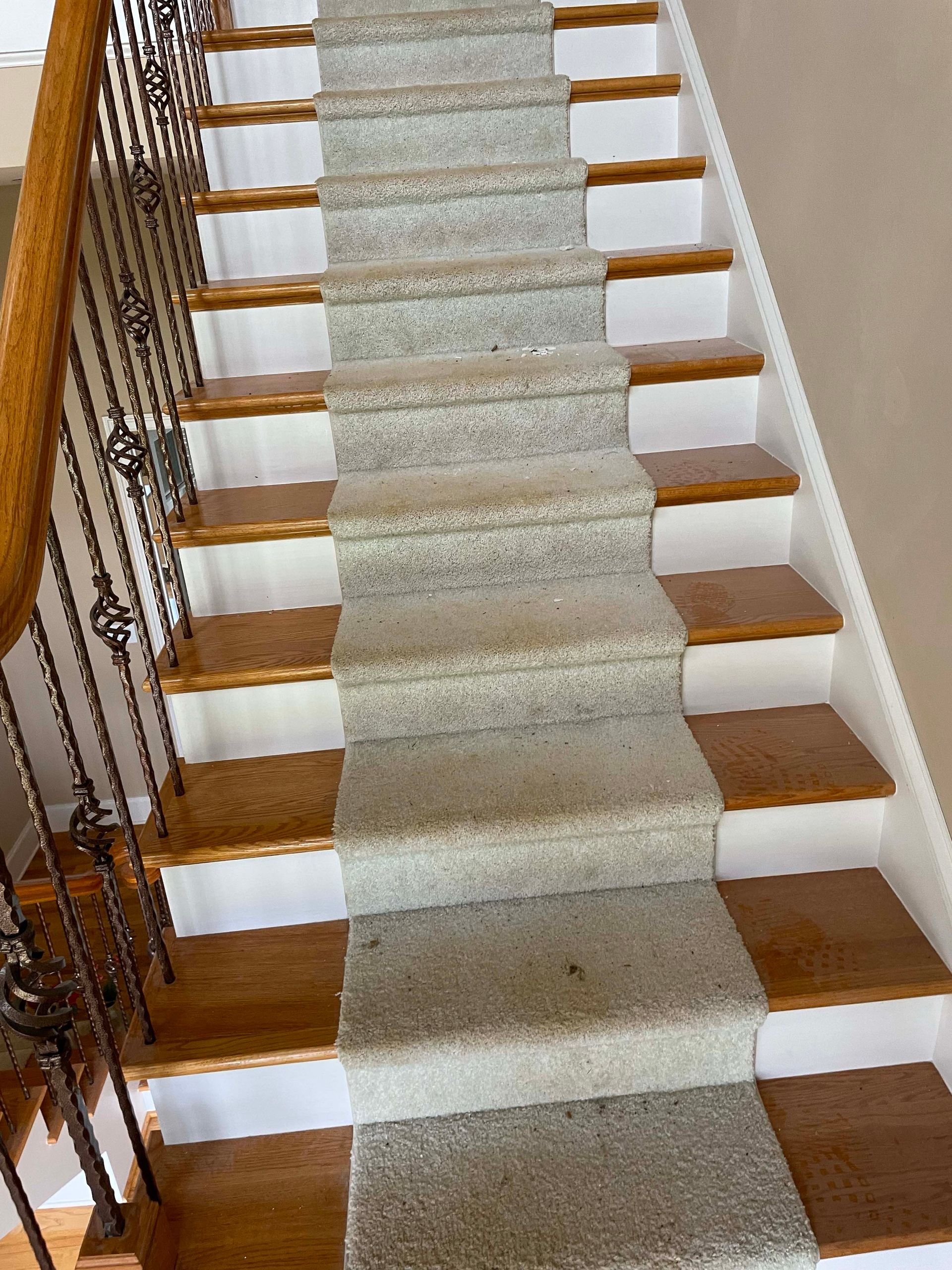 Staircase with wooden steps and a central carpet runner; ornate iron railing on the left.