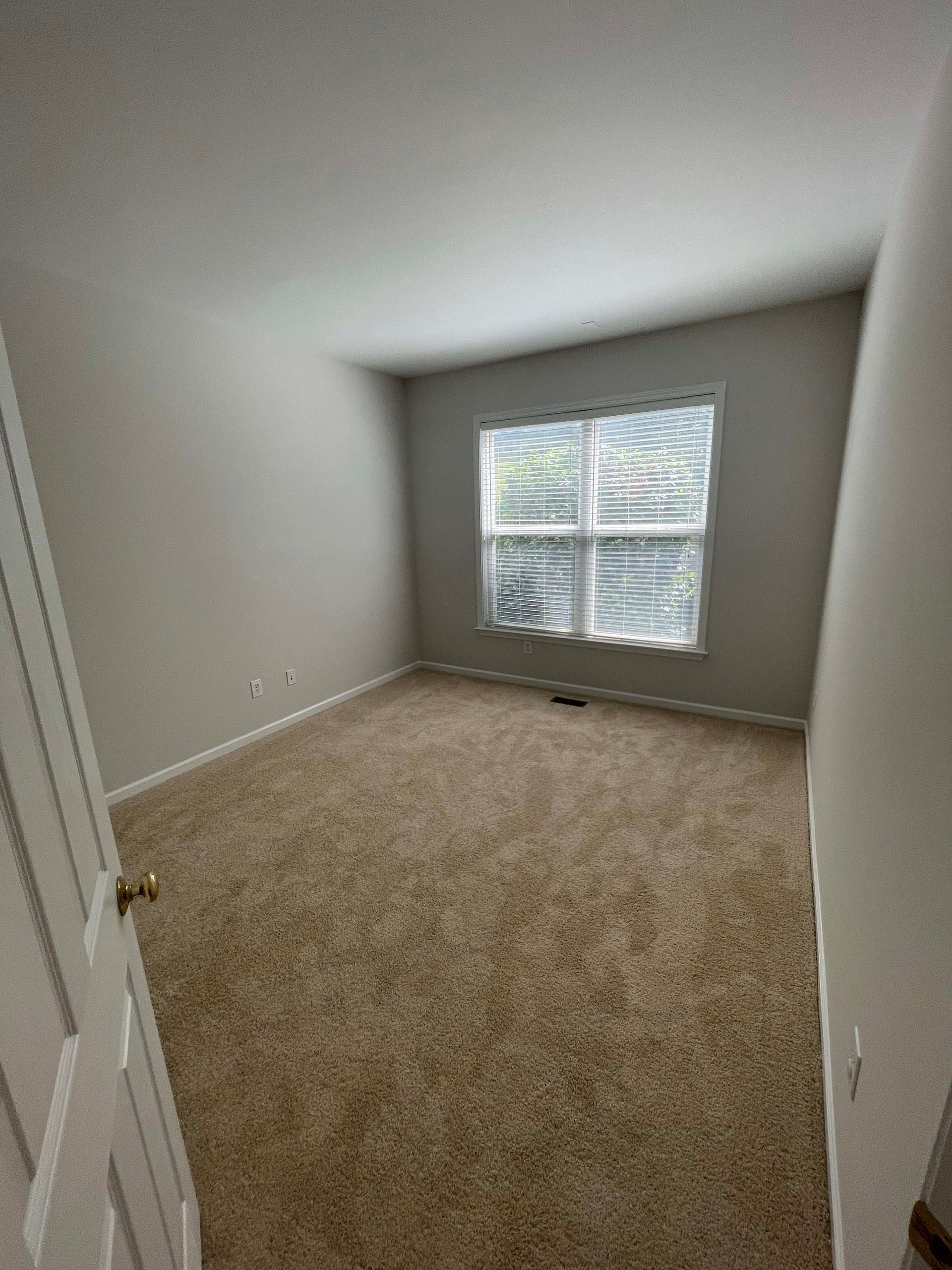 Empty room with beige carpet, light gray walls, and a window with blinds.
