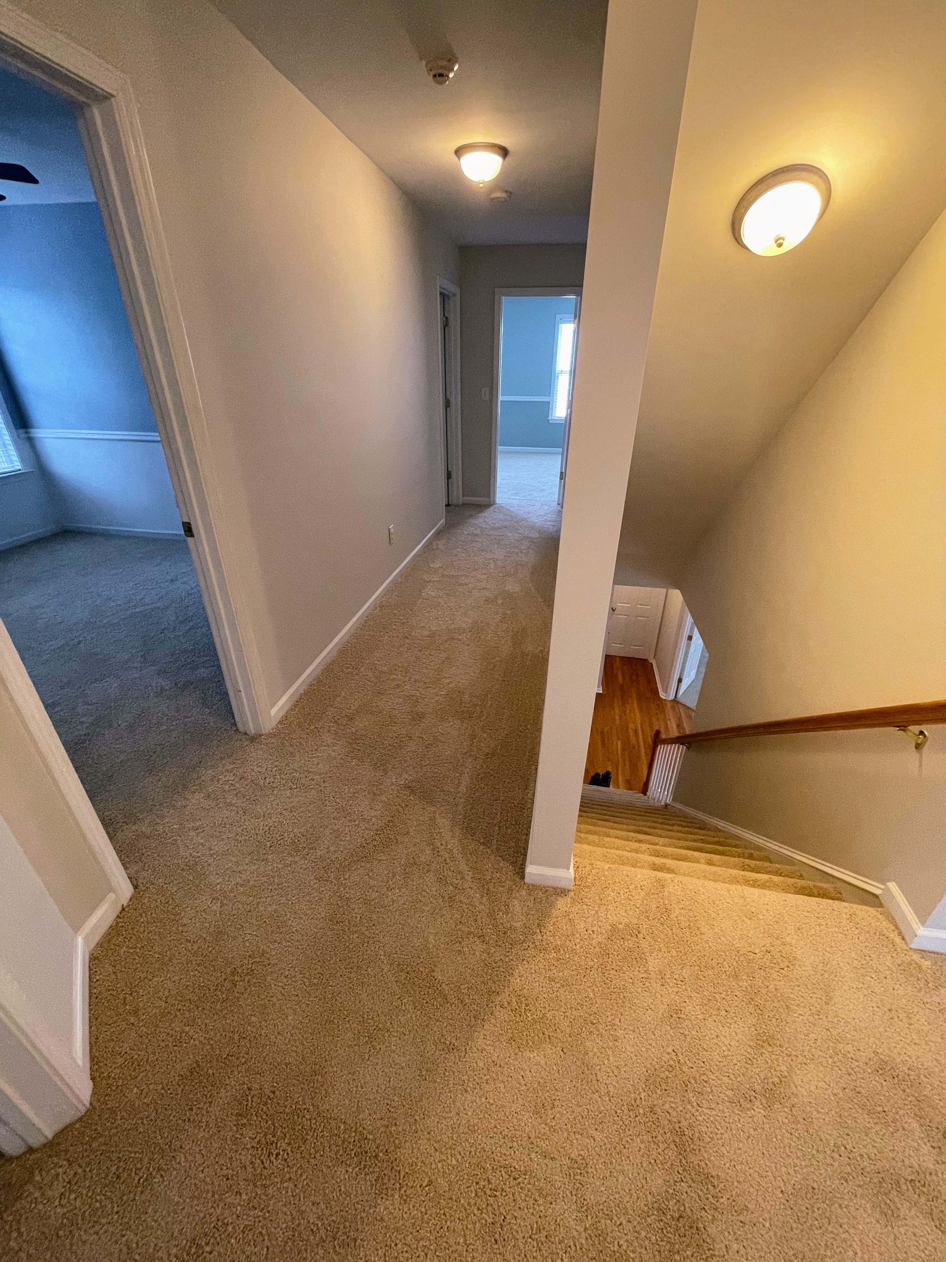 Hallway with tan carpet, doors to rooms, and staircase leading down.
