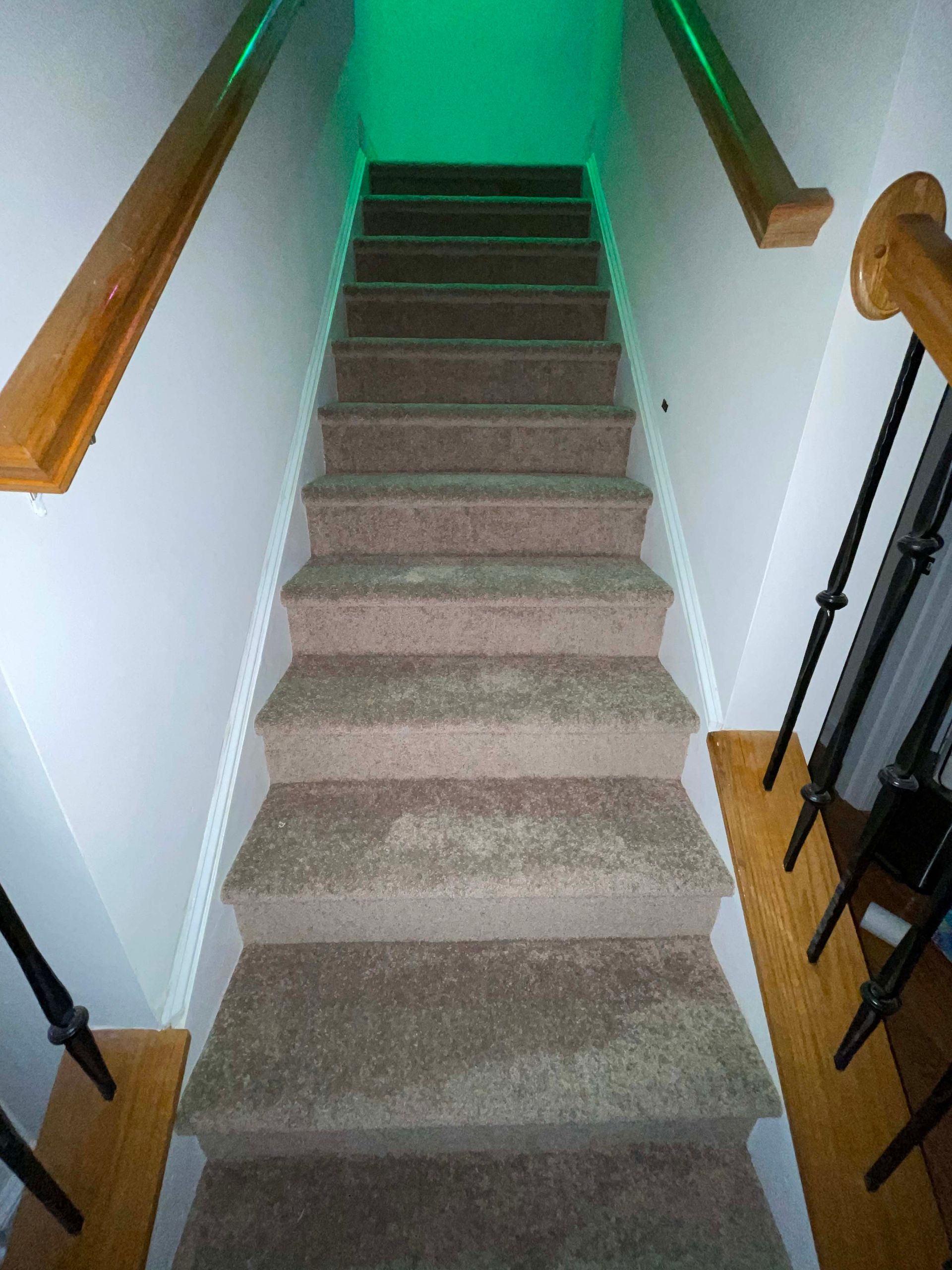 Staircase with carpeted steps, white walls, and green lighting. Wooden handrails on both sides.