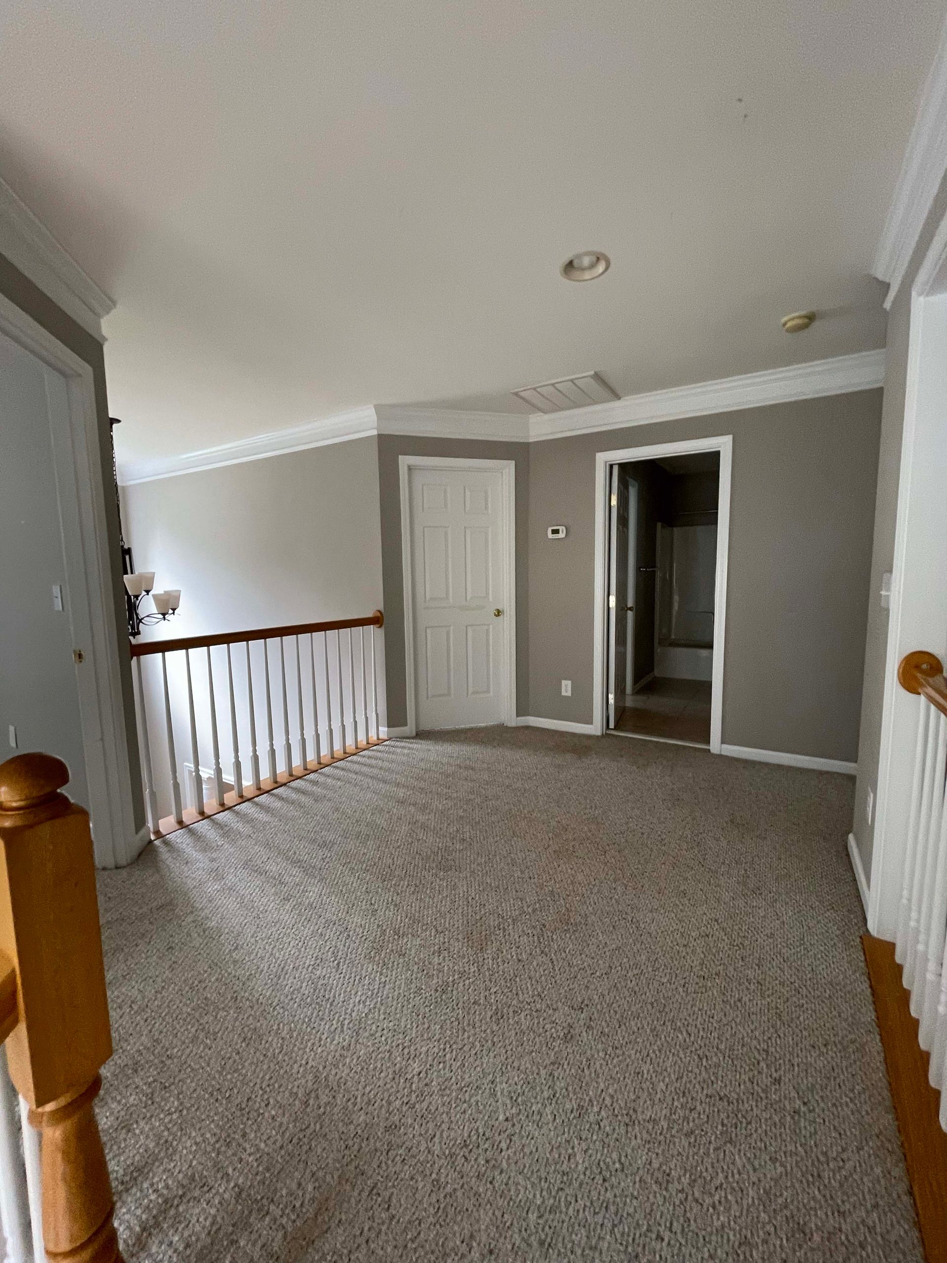 Interior view of a carpeted landing with a white railing, doors, and gray walls.