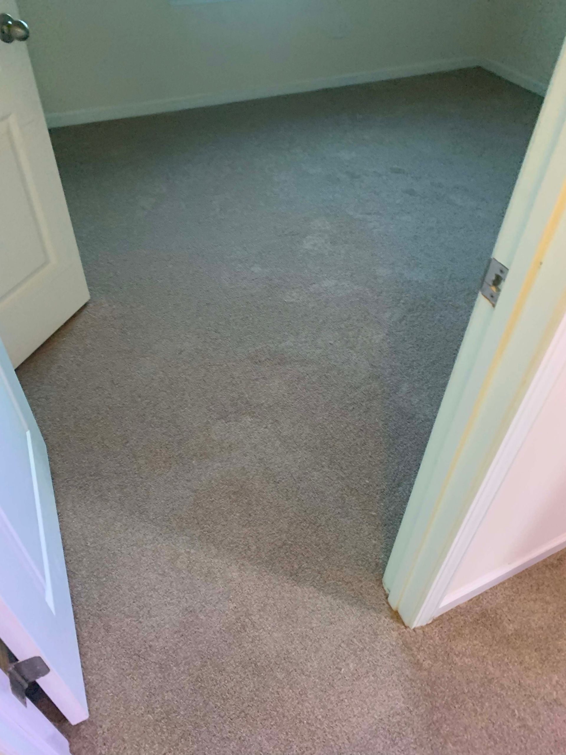 View from a doorway into a room with gray carpet. White door frames flank the opening.