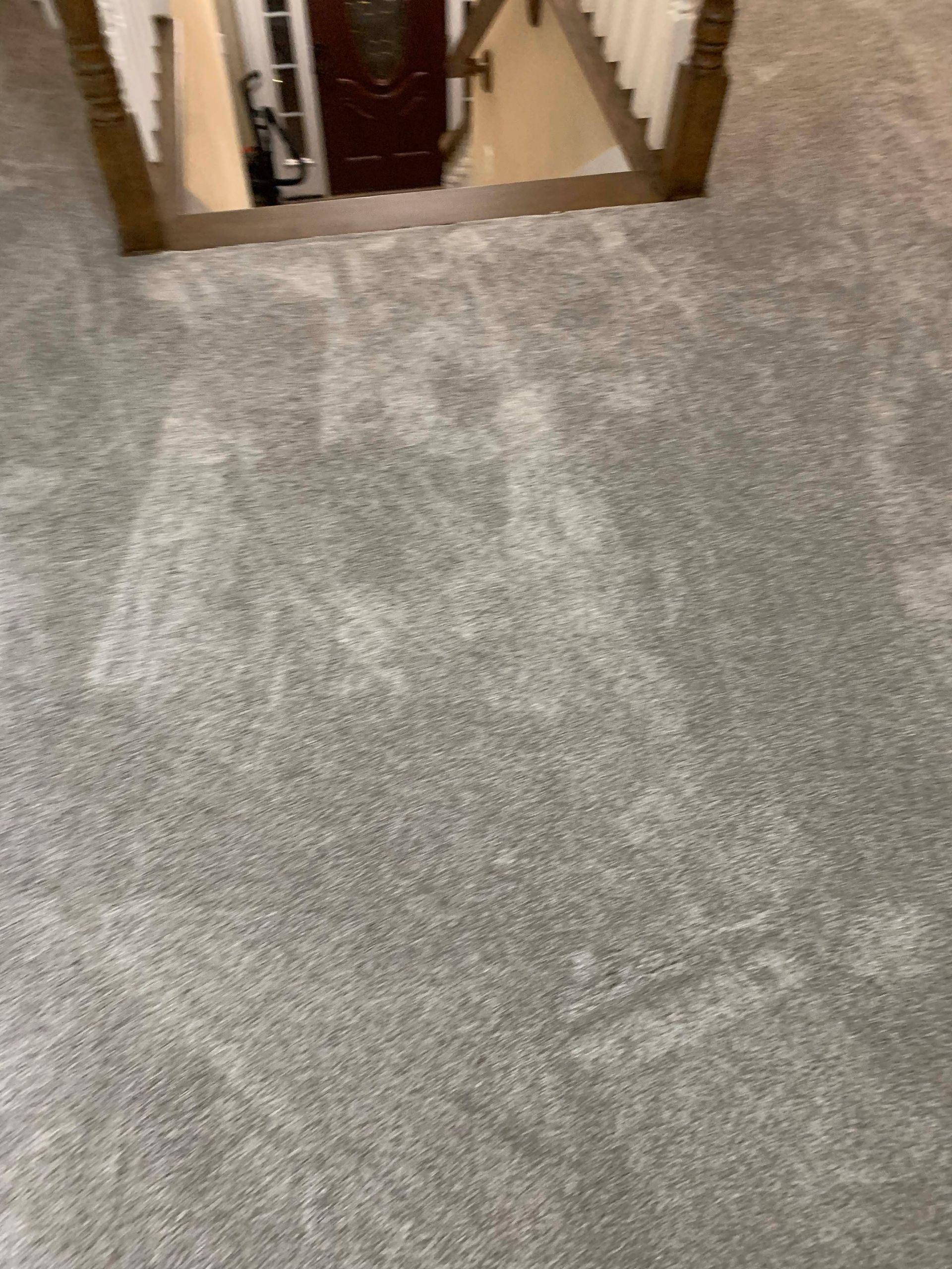 Gray carpeted floor with stairs and wooden handrail leading downwards.