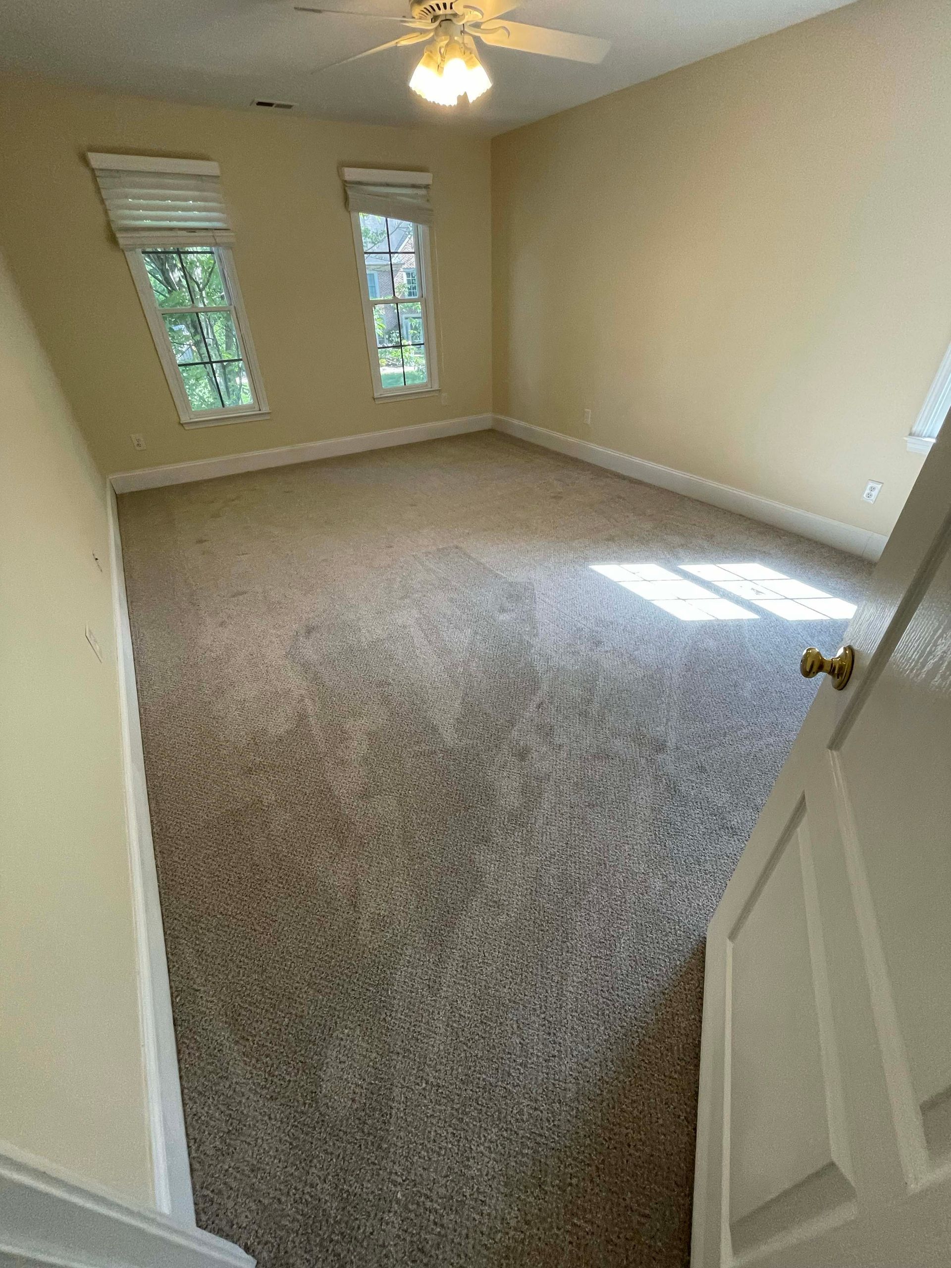 Empty room with light yellow walls, two windows, and gray carpet.