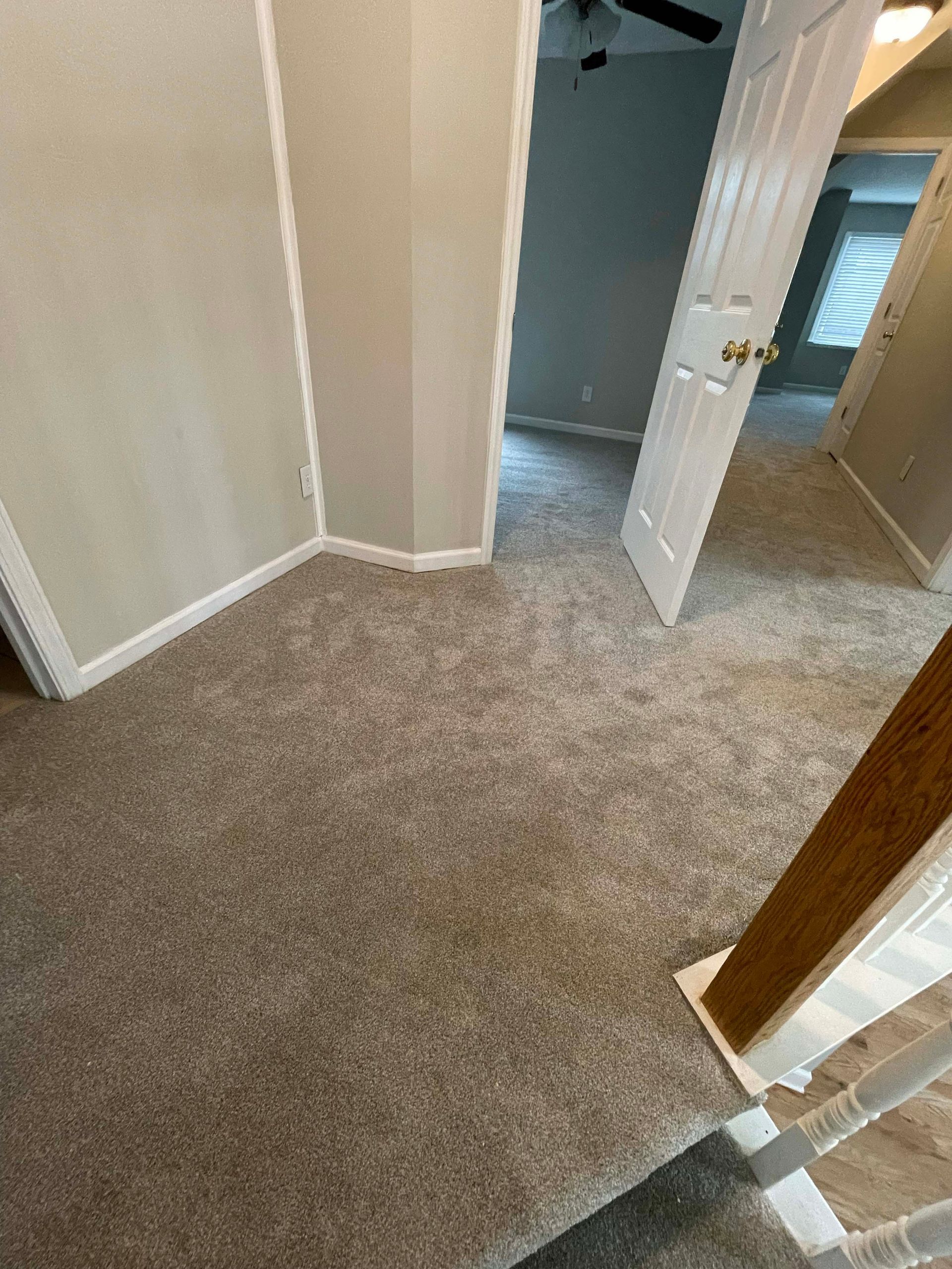 A carpeted hallway with beige walls and a white door, leading to other rooms.
