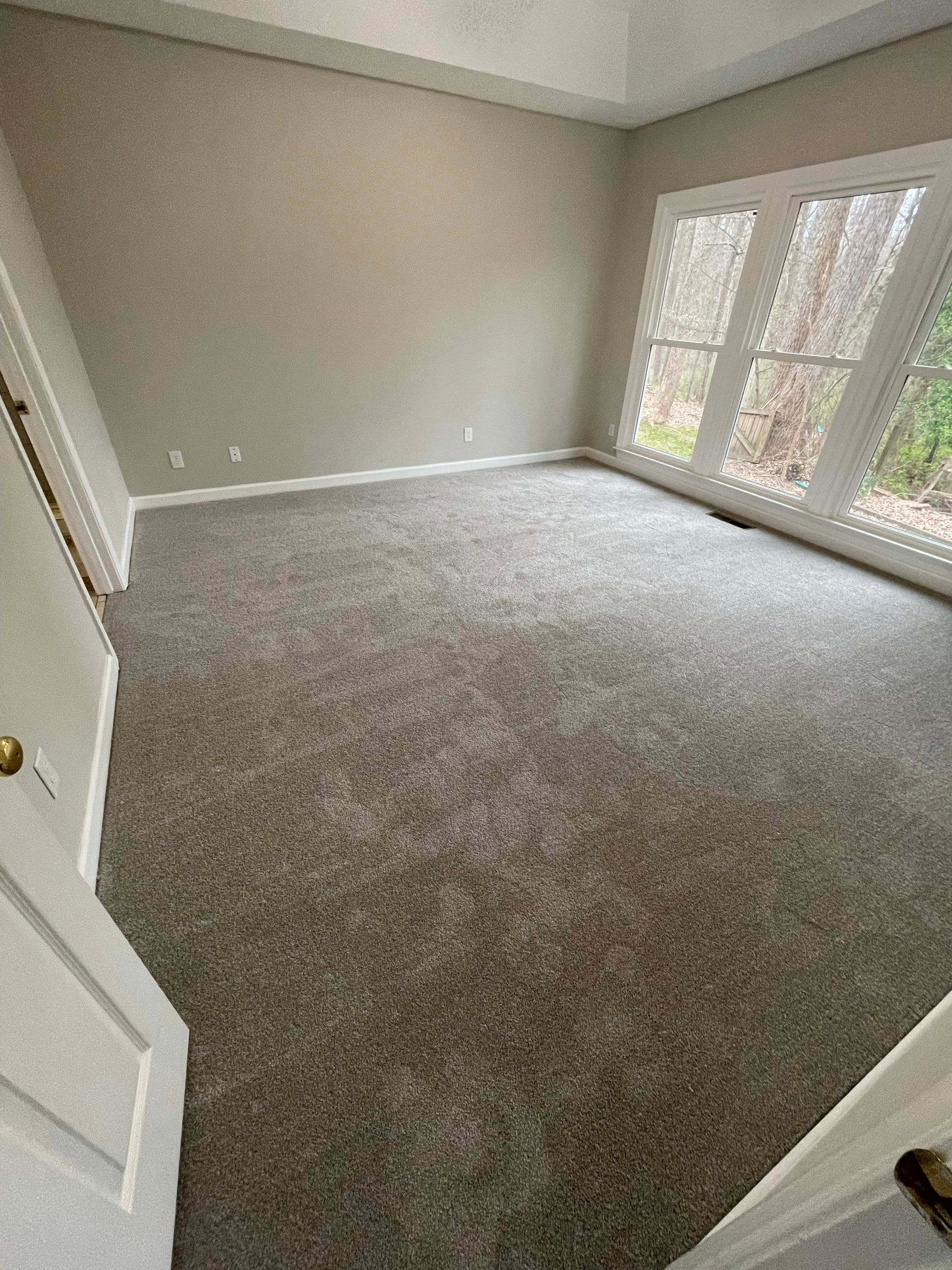Empty room with gray carpet, light walls, and white trim. French doors provide outdoor view.