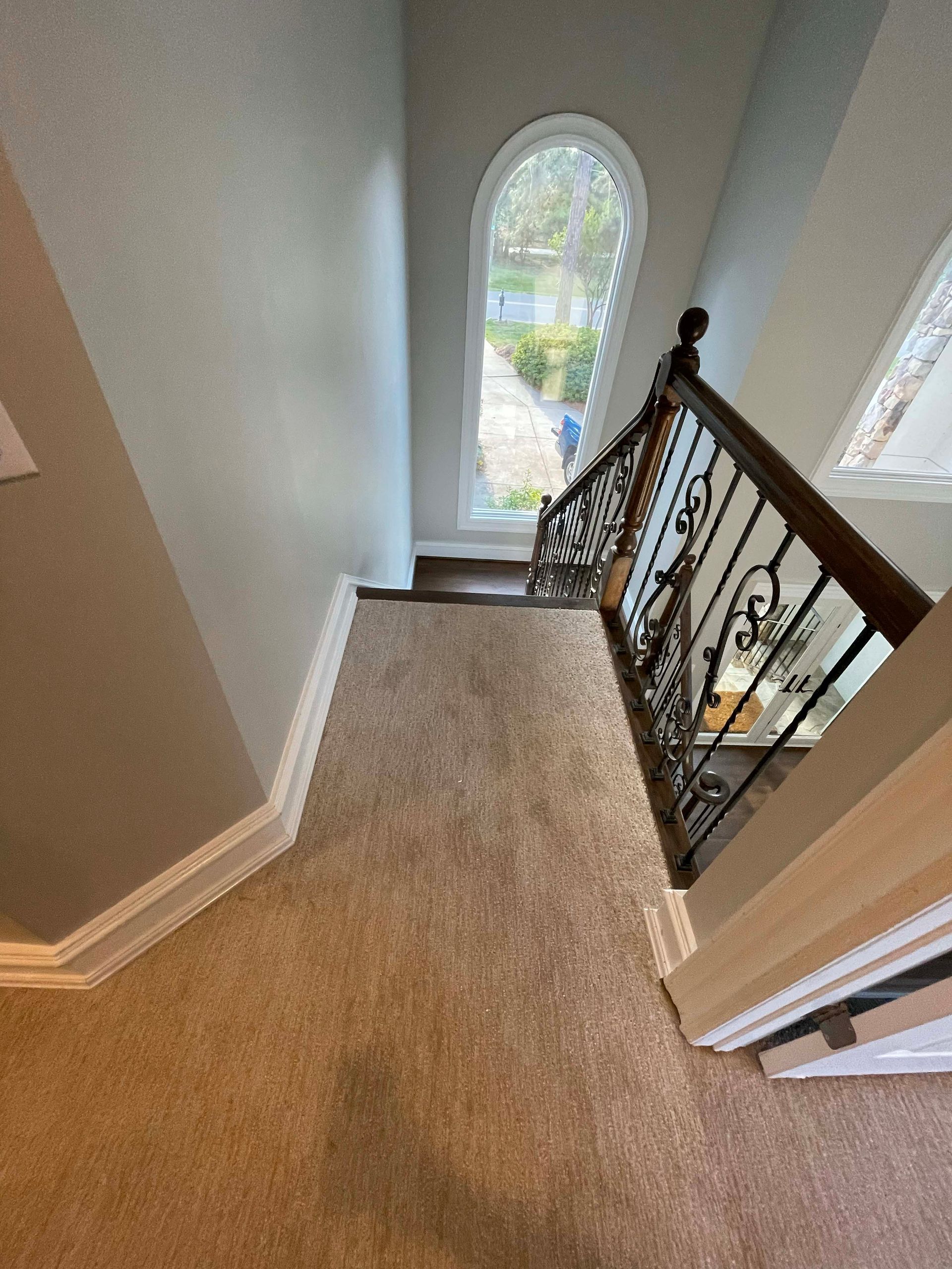 Staircase with carpet, ornate railing, and arched window looking outdoors.