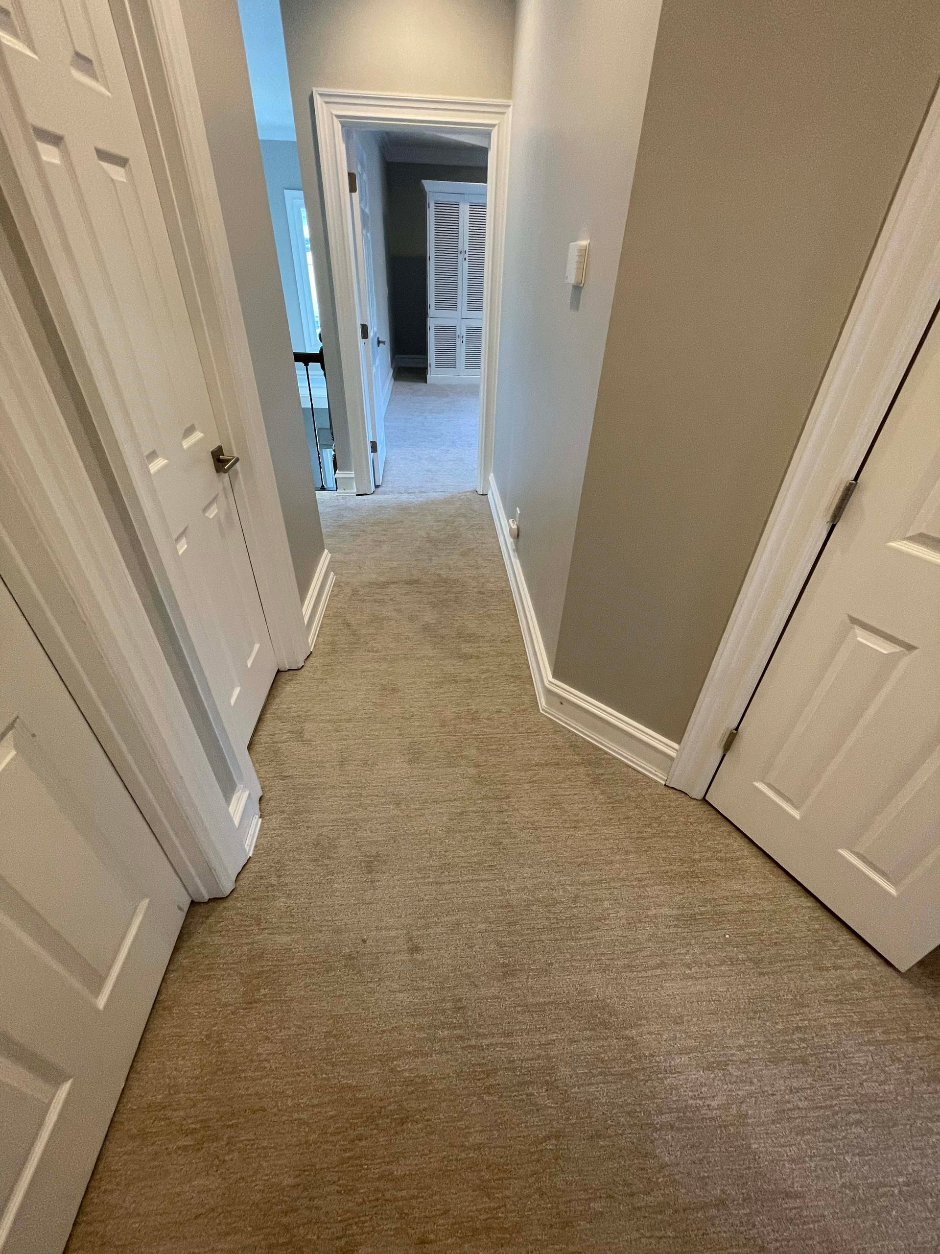 Narrow hallway with tan carpet, white doors, and light gray walls.