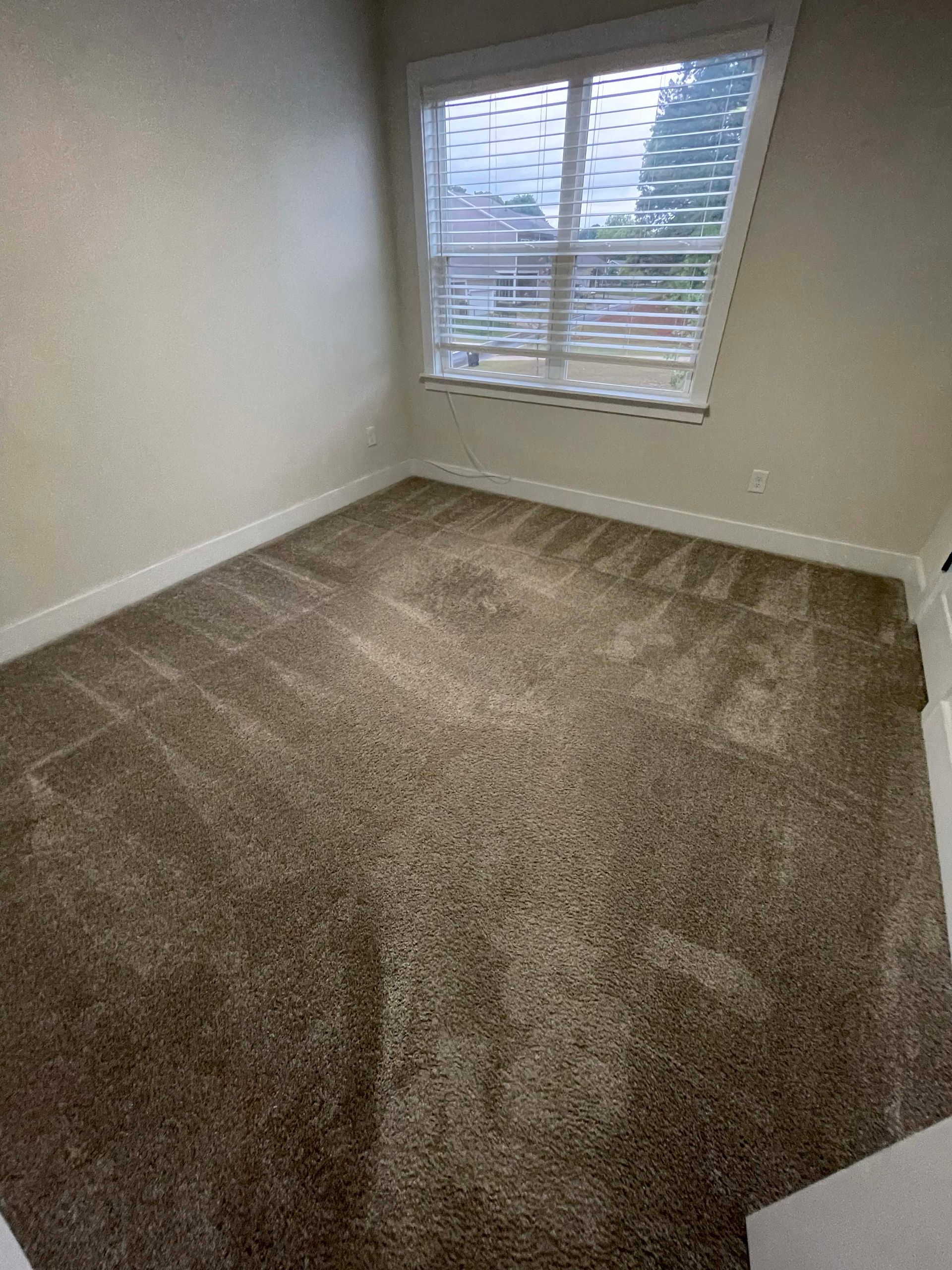 Empty room with brown carpet, white trim, and a window with blinds.