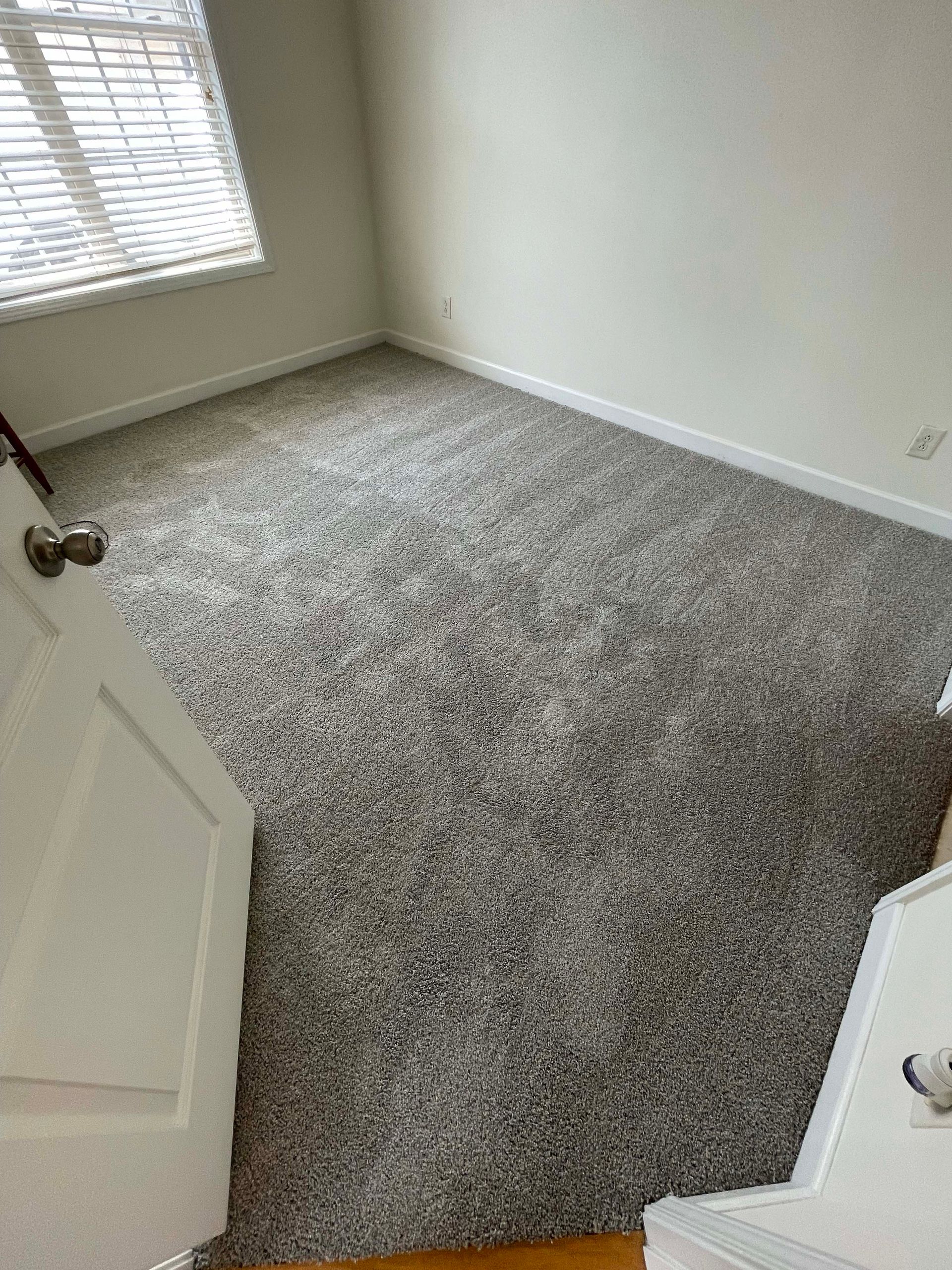Room with new gray carpet, white walls, and a window with blinds.