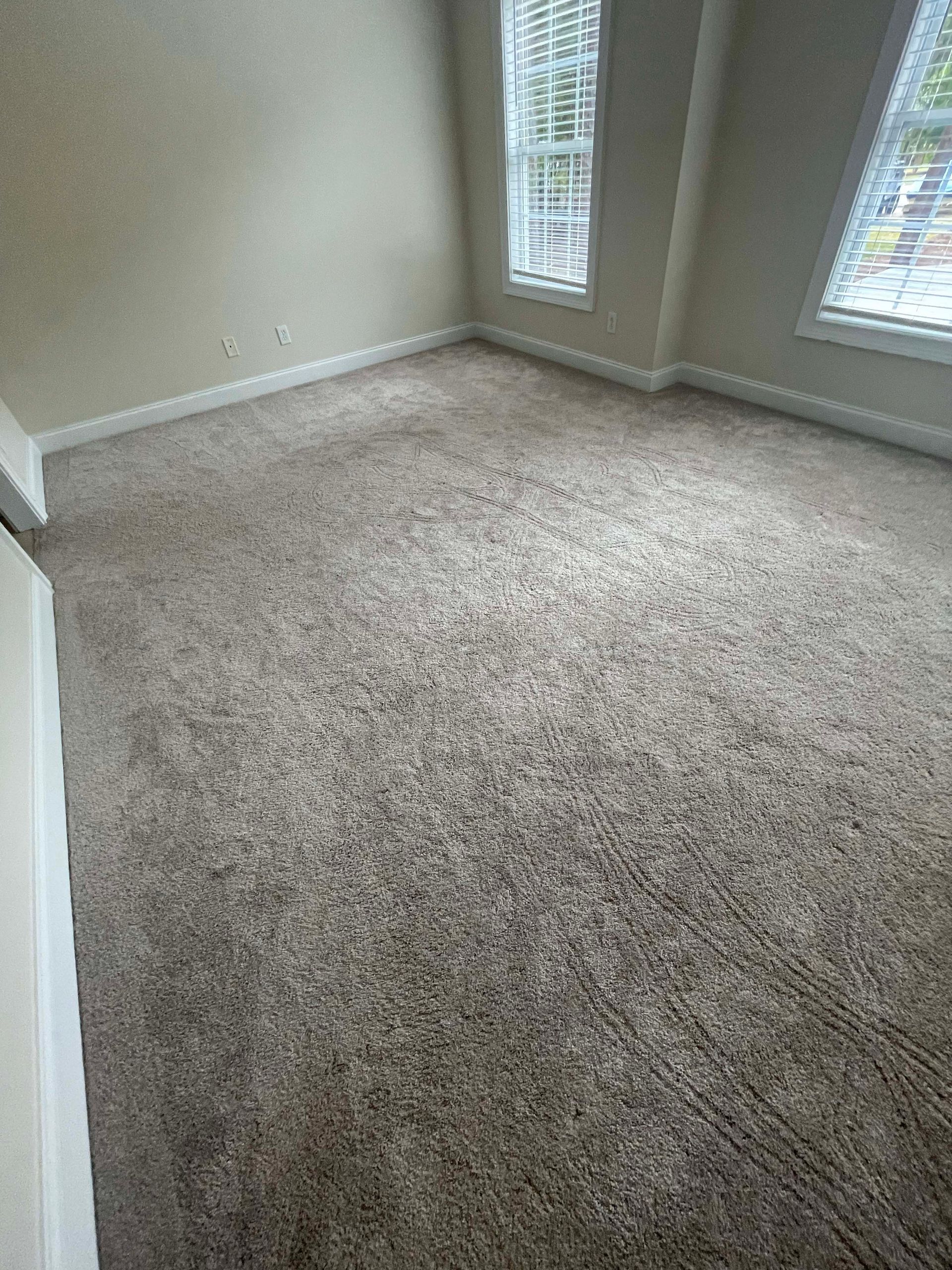 Empty room with beige walls, two windows, and brown carpet.