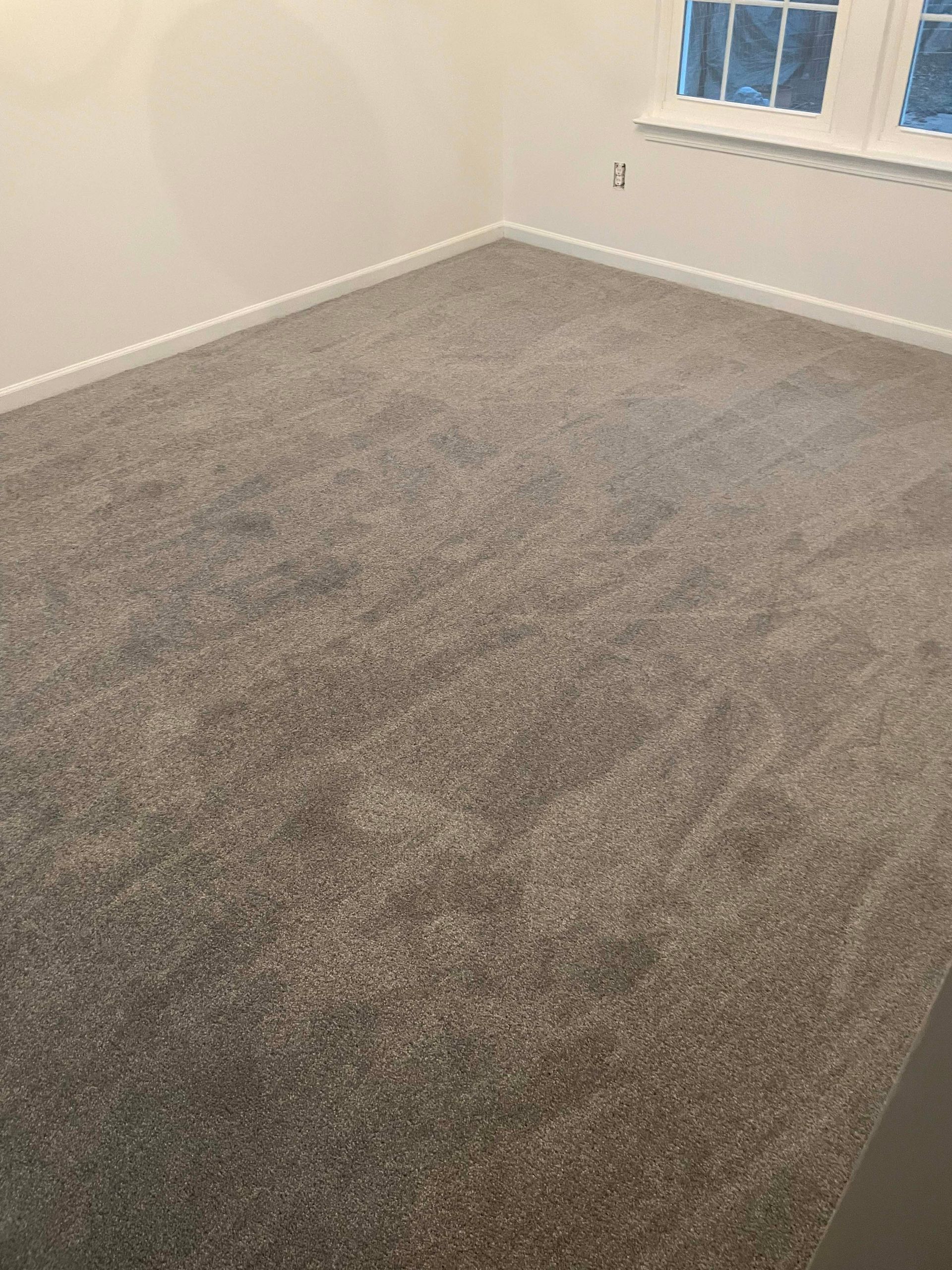 Room with neutral-toned carpet and white walls. A window is in the corner, covered in blue plastic.