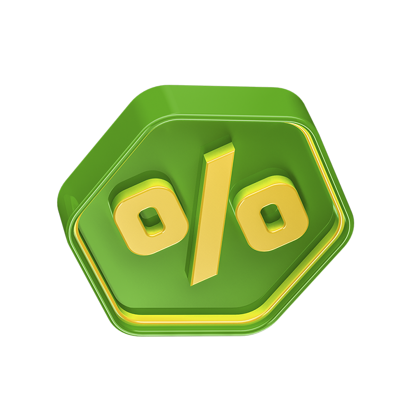 Green hexagon with golden percentage symbol.