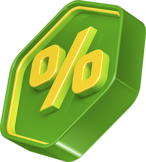 Green and yellow 3D percentage symbol.