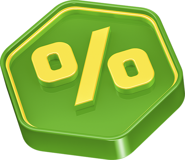 Green and yellow 3D percentage symbol.