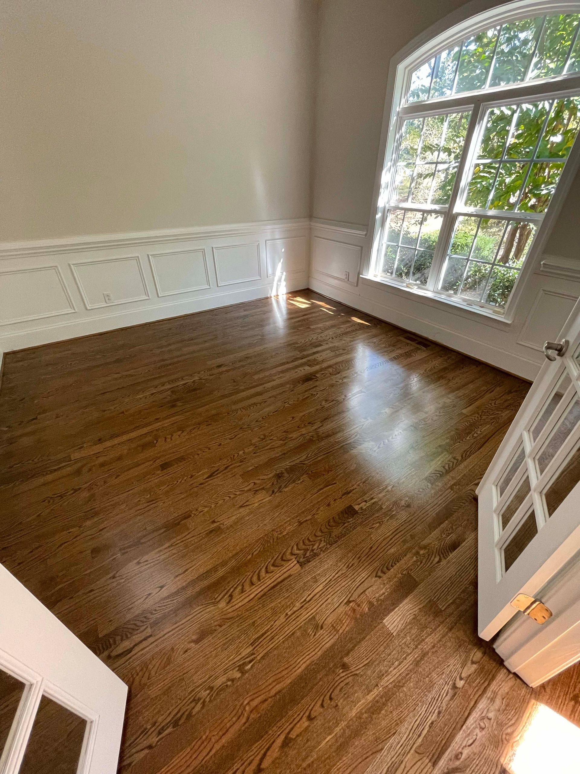 Empty room with hardwood floors, a large arched window, and white molding.