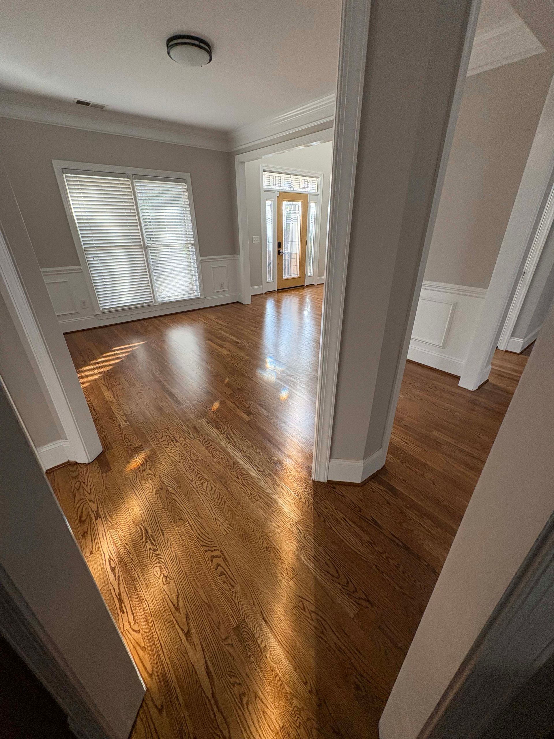 Hardwood floors in an empty room, with light streaming through a window and doorway.