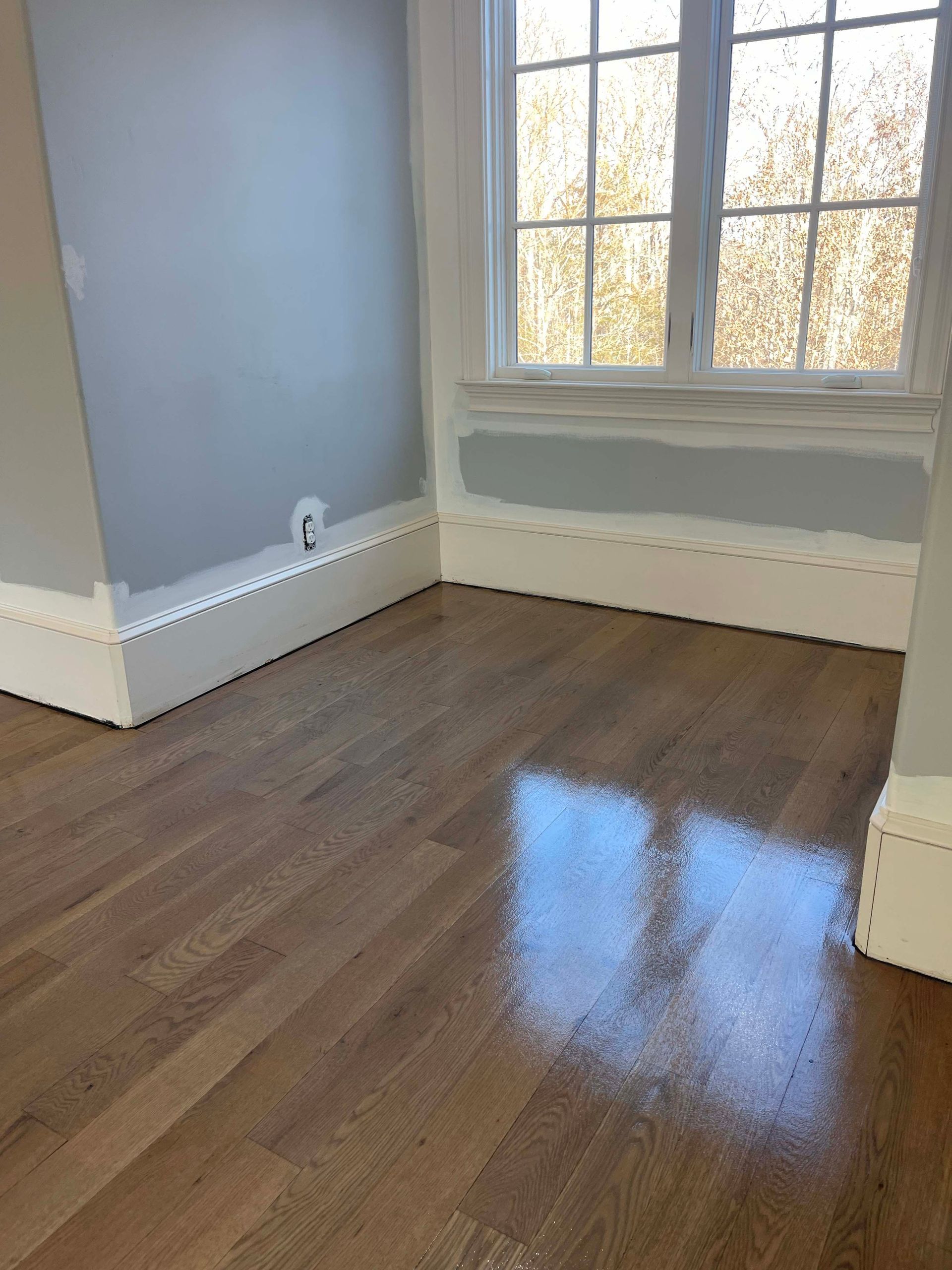 Room with hardwood floors, white trim, and gray walls. A window is in the background.
