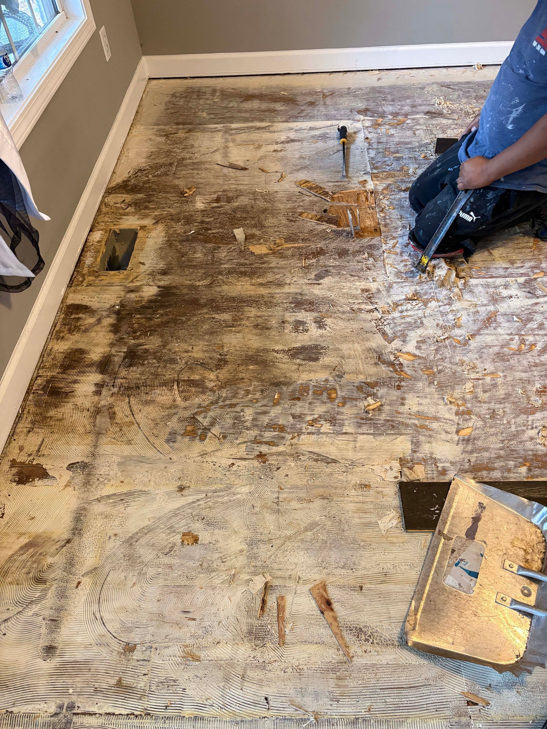 Floorboards being removed in a room with a person holding debris and tools, near a window.
