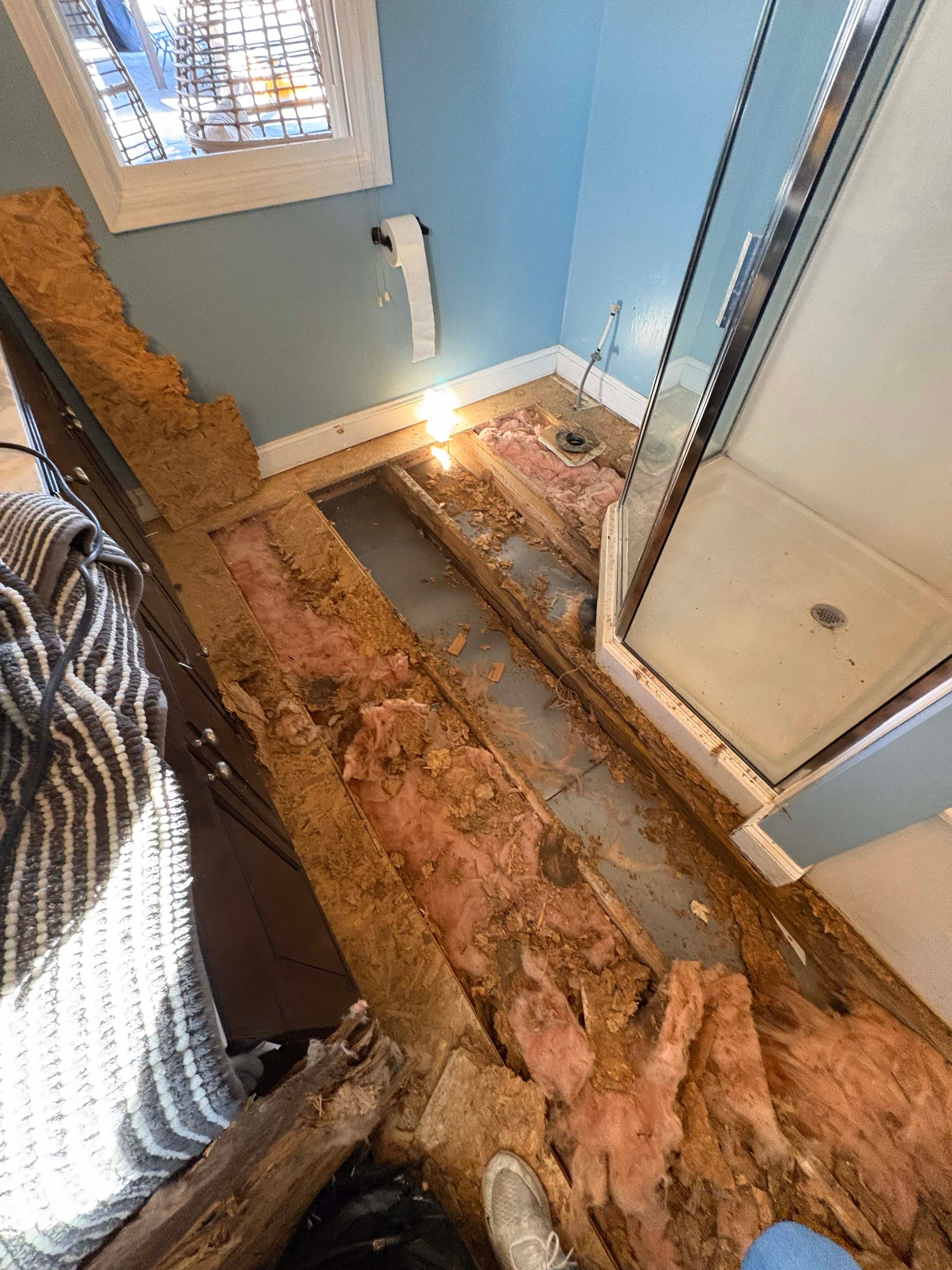 Bathroom floor ripped up showing insulation and exposed wood framing. Shower stall, blue walls, and window are visible.