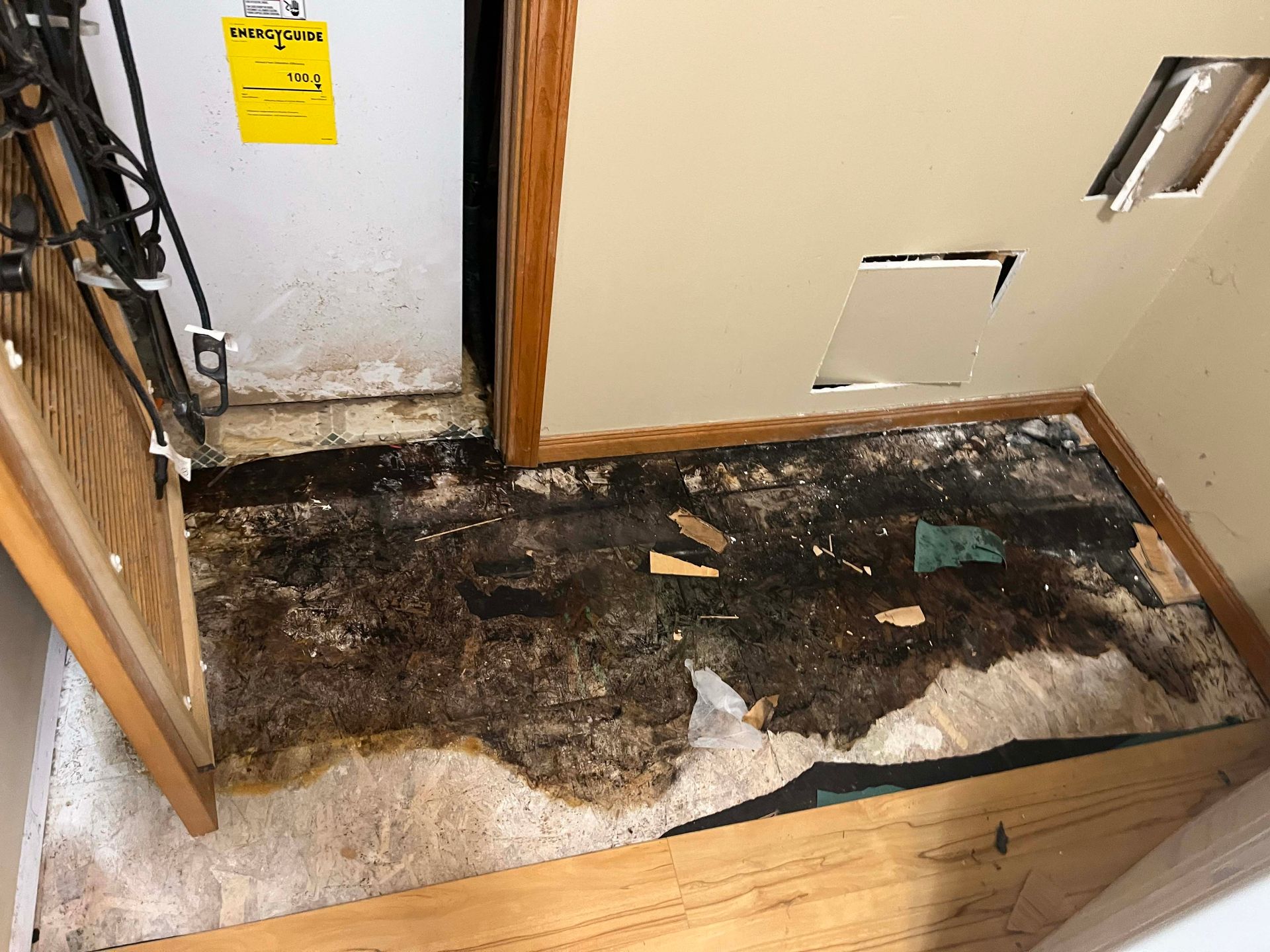 Water-damaged floor in a room. Brown and black stains, damaged baseboards. Open door and electrical components visible.