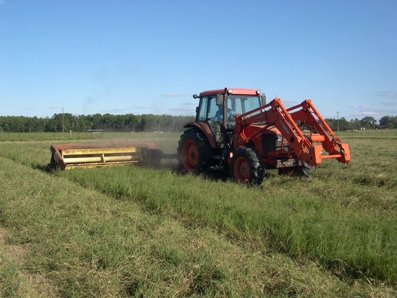 Orange tractor mowing a grassy field with a hay rake on a sunny day