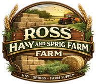 Ross Hay and Sprig Farm logo with hay bales, a tractor, and wheat in a golden field.