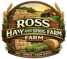 Ross Hay and Sprig Farm logo with hay bales, a tractor, and wheat in a golden field.