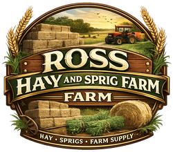 Ross Hay and Sprig Farm logo with hay bales, a tractor, and wheat in a golden field.