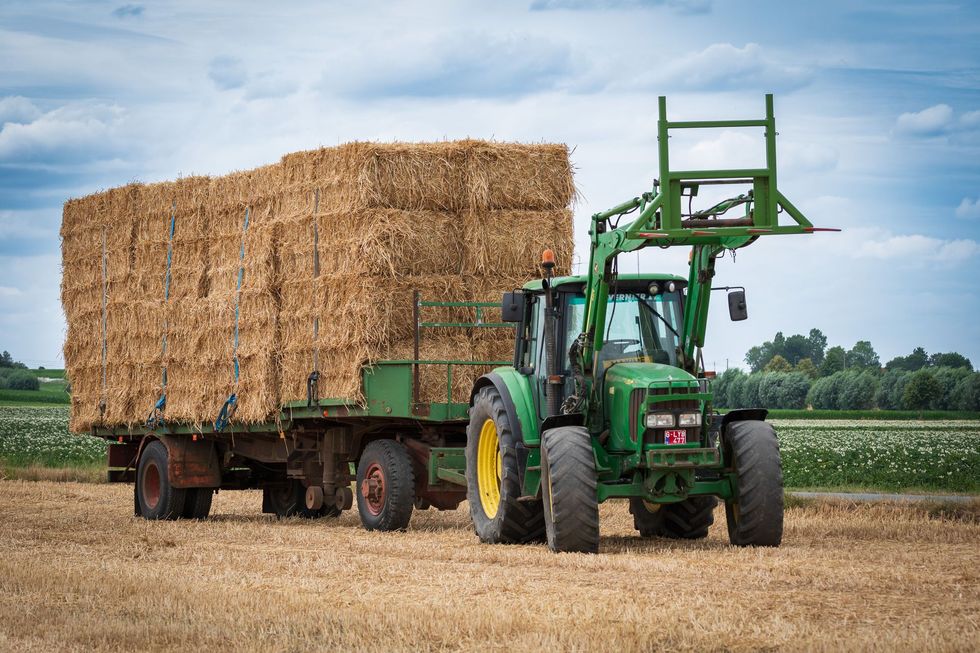 Stacked hay bales with tractor in a sunlit pasture.