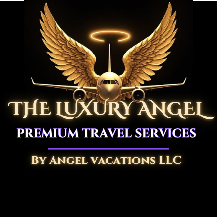 Angel Vacations Travel Service LLC logo with purple “AV,” angel wings, halo, and a small airplane