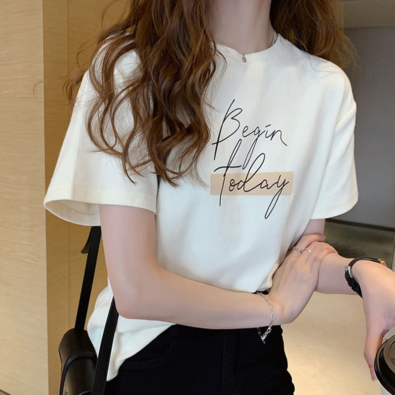 短袖t恤女2025夏裝新款時尚洋氣印花圓領上衣寬鬆半袖體恤打底衫
