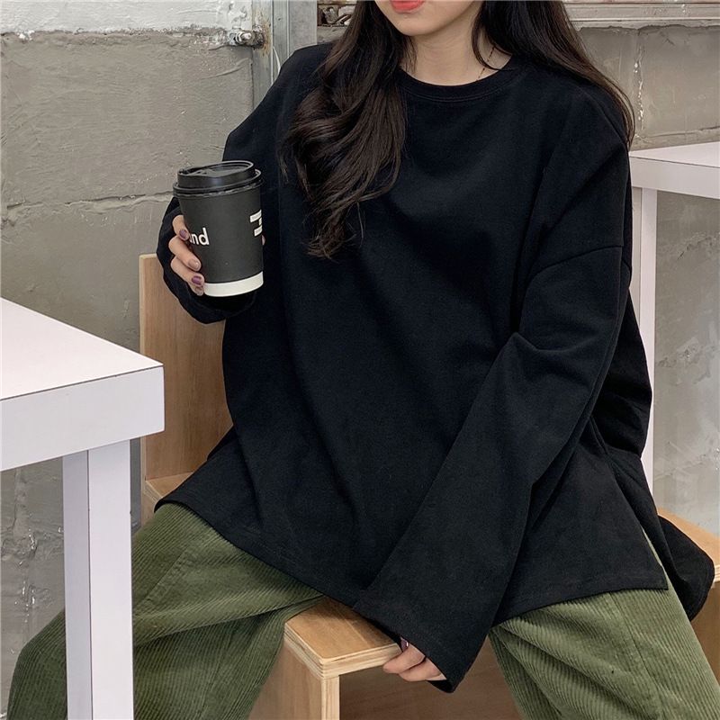 2025秋裝開叉純色長袖T恤女時尚打底衫韓版潮學生外穿寬鬆上衣女