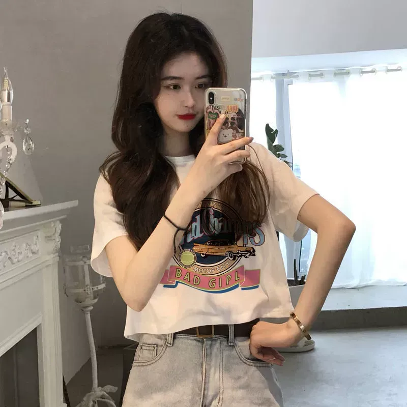 新款白色短袖t恤女短款上衣女棉體恤衫夏季學生韓版ins矮個子