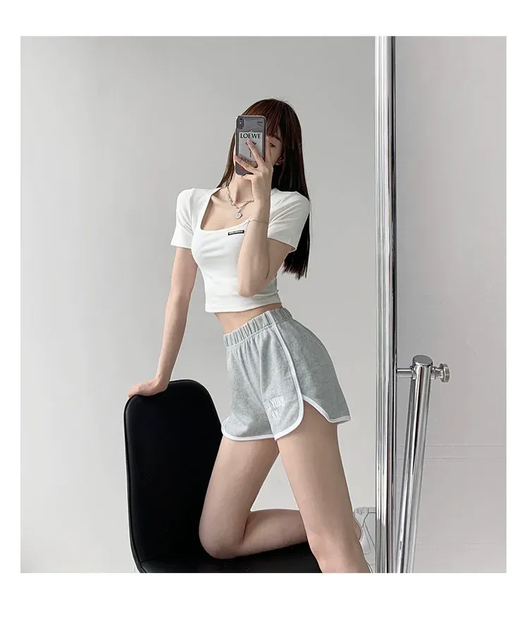 2025方領露鎖骨修身打底衫短袖露臍T恤學生短款上衣學生女潮