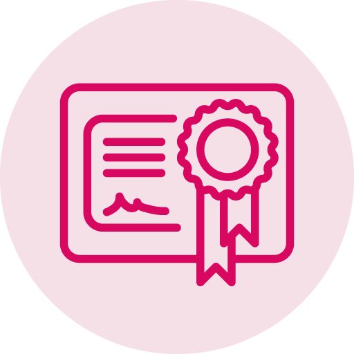 A line drawing of a certificate with a ribbon in a pink circle