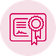 A line drawing of a certificate with a ribbon in a pink circle