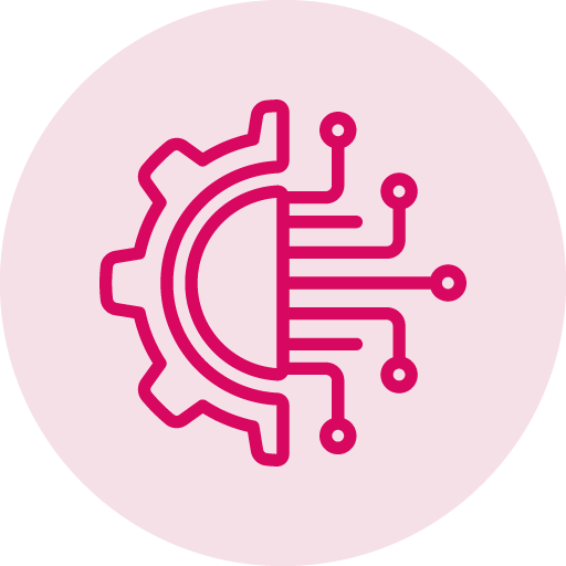 A line drawing of a gear in a pink circle