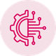 A line drawing of a gear in a pink circle