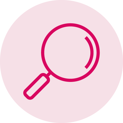 A magnifying glass icon in a pink circle on a pink background.