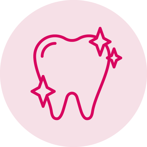 A line drawing of a sparkling tooth in a pink circle
