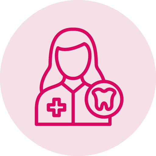 A line drawing of a female dentist in a pink circle